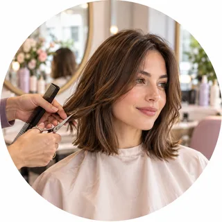 A hairstylist trimming soft brown hair in a bright salon