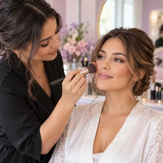 A makeup artist applying natural makeup with a brush
