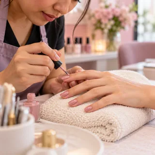 A manicurist applying soft rosy nude polish