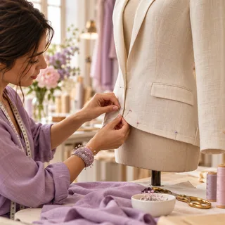 A tailor adjusting a cream linen jacket on a dress form