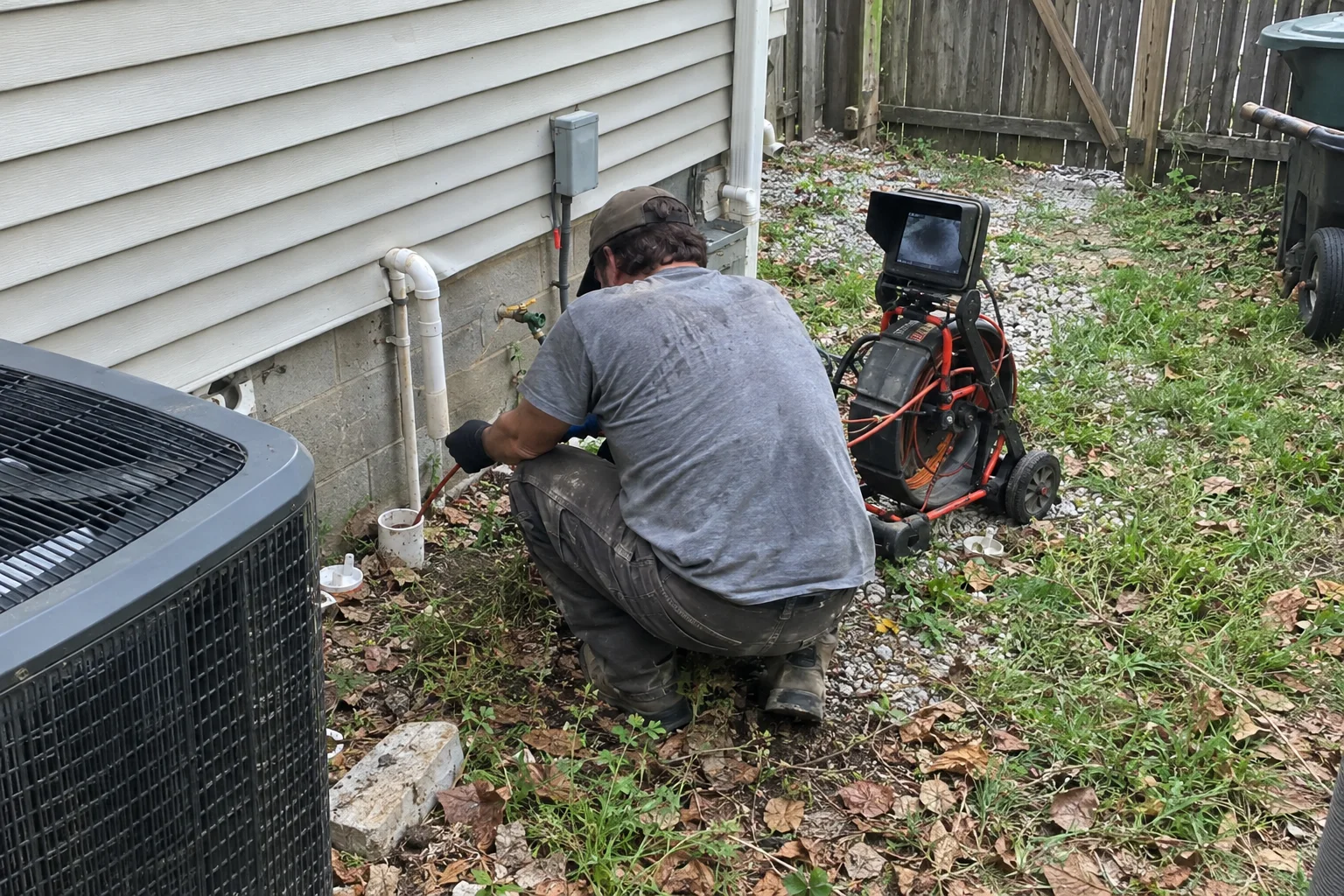 Drain technician inspecting a residential sewer cleanout with a camera reel