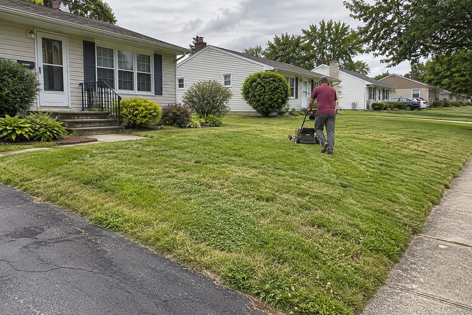 Lawn care professional mowing a suburban front yard with a walk-behind mower