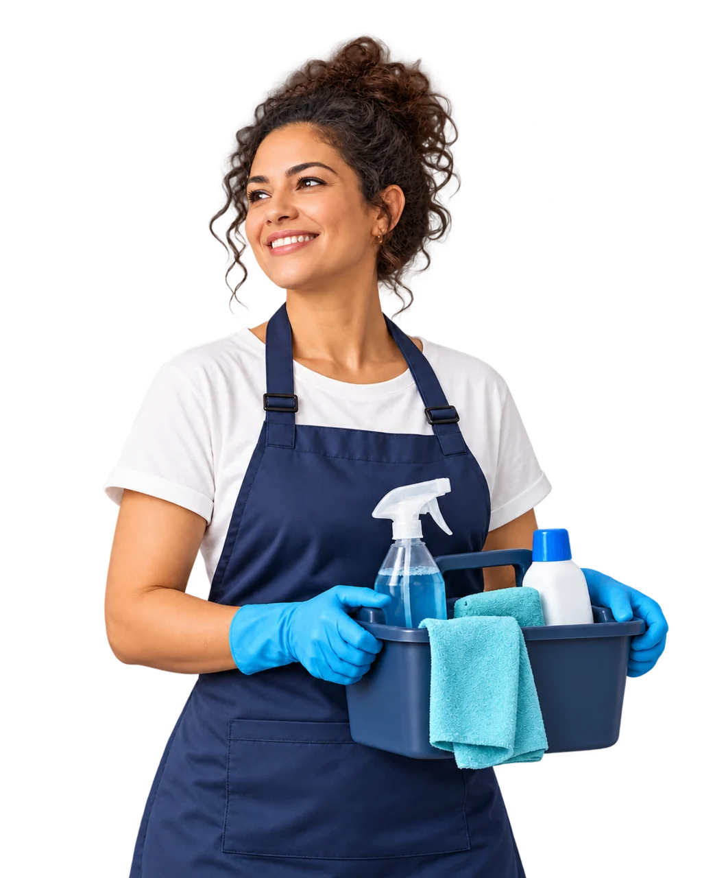 House cleaning professional with cleaning supplies and colorful shapes